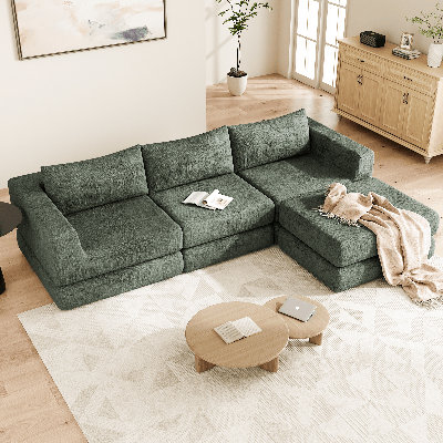 Cloud Compression L-shaped Modular Sectional Couch – 4-seater Upholstered Convertible Sofa With Ottoman, Deep Seat Chenille For Living Room,green
