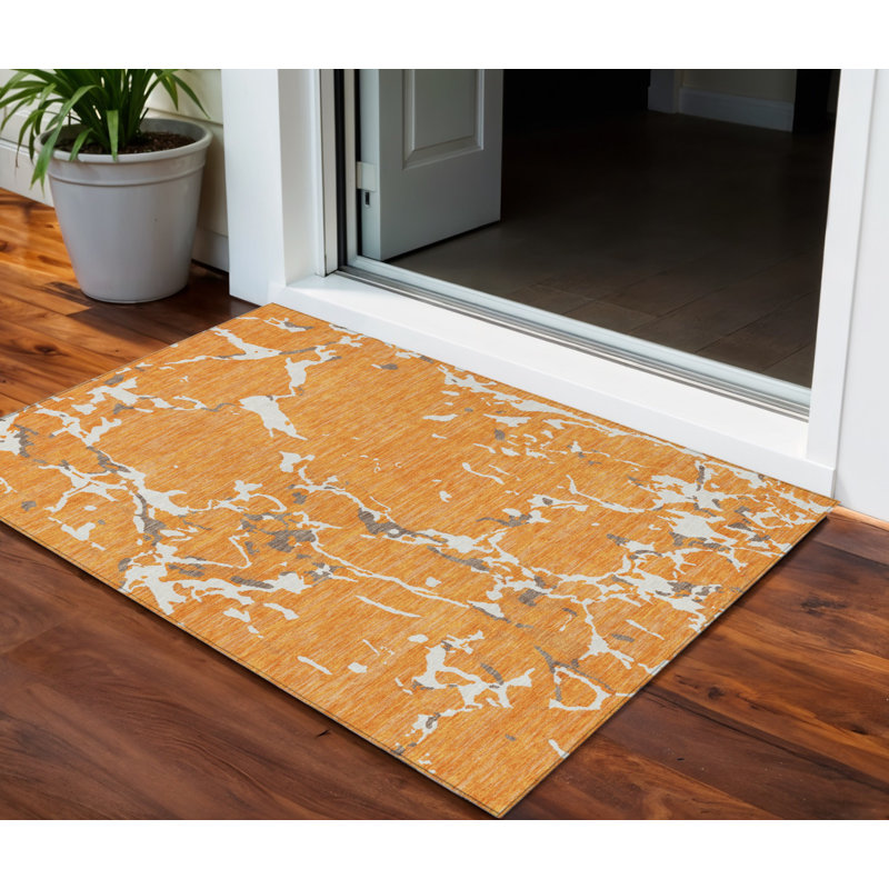 3' X 5' Orange Brown And Ivory Striped Washable Indoor Outdoor Area Rug