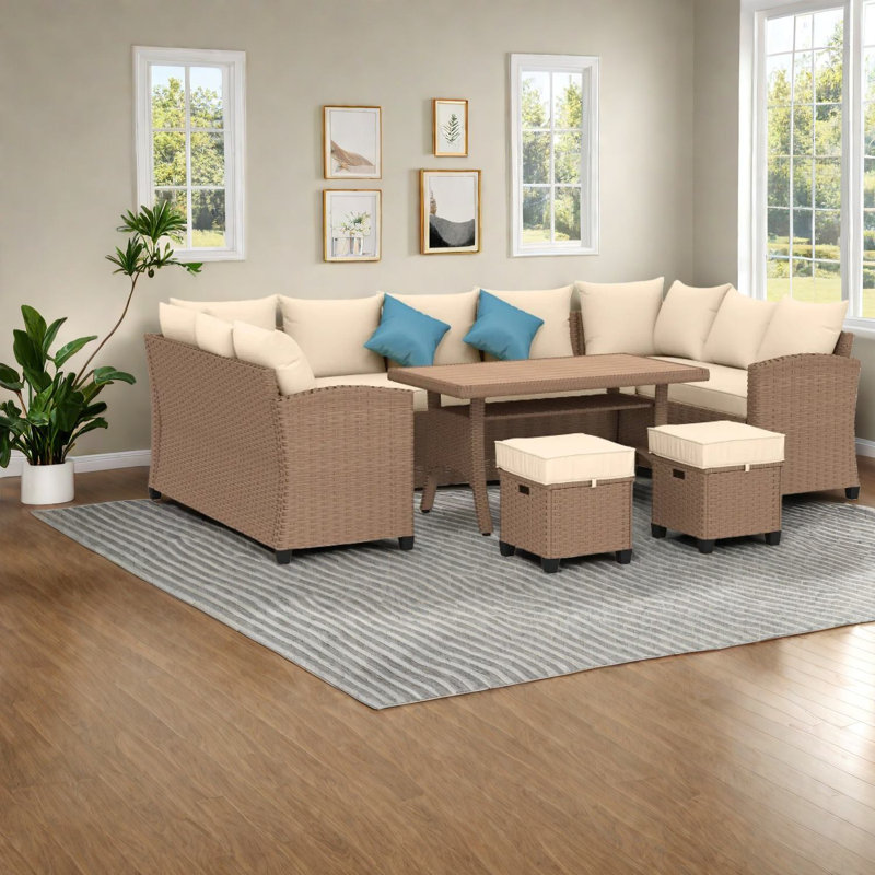 Canapé modulaire polyvalent, acier durable et rotin, charme extérieur rustique