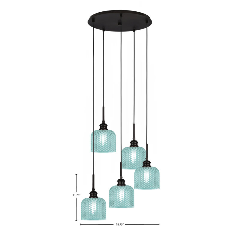 Edge 5 Light Cluster Pendalier With 6" Glass, Espresso, Turquoise Textured