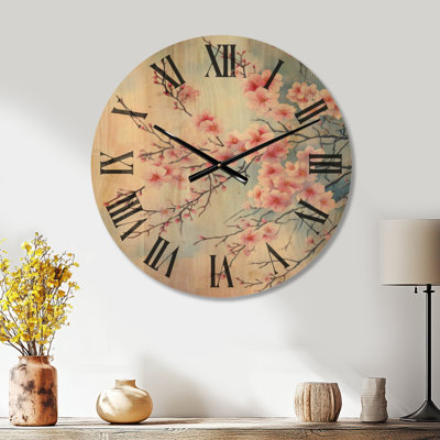 Très grande horloge murale en bois floral - branches délicates de cerisier en fleurs