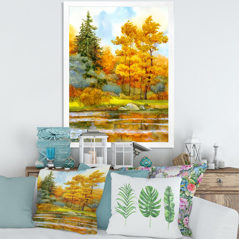 Forêt automnale au bord du lac I - Peinture sur toile, H 32 po x l 16 po x P 1,5 po, Toile blanche encadrée