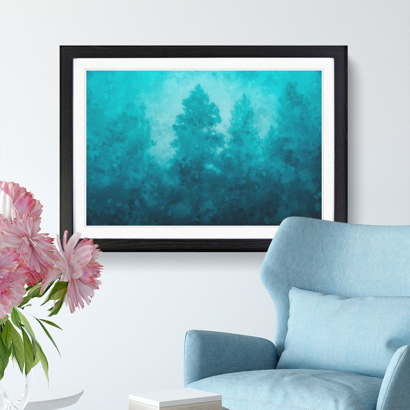 Teal Blue Forest - Picture Frame Painting Print, Black, 35cm H x 50cm W x 2cm D