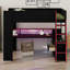 Lit mezzanine avec bureau de jeu, étagères, bande lumineuse et borne de recharge pour chambres à coucher peu encombrantes-1256932782