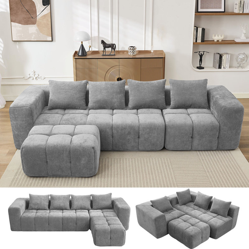 Modular Chenille Cloud Sofa, 3-Piece Boneless L-Shape Sectional with Ottoman, No Assembly, Light Gray Chenille