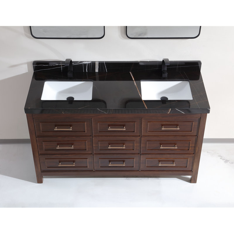 60" EBONY DOUBLE SINK VANITY DARK FINISH WITH WK-60D TOP 2" THICK WHITE NATURAL TOP, Brown, White