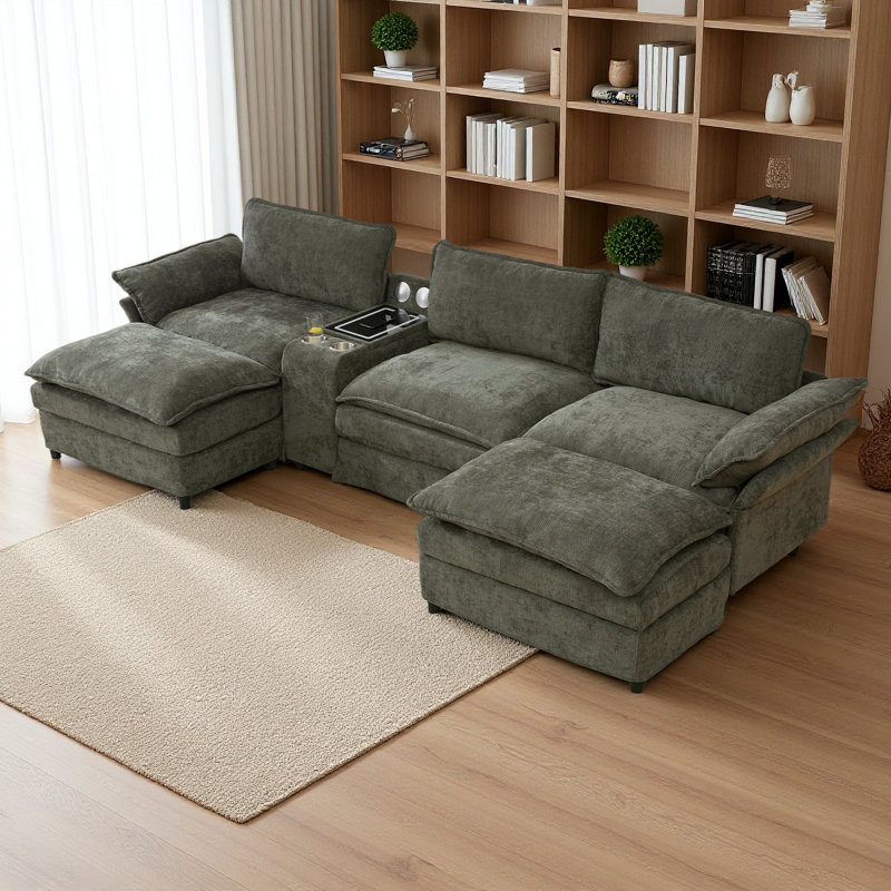 U Shaped Modular Sectional Sofa,Storage Console & Wireless Charging,2 Cup Holders,Bluetooth Speakers,2 Movable Footstools