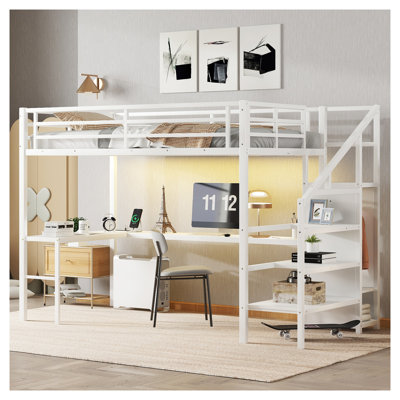 Lit mezzanine simple TG avec garde-robe et escalier intégrés, panneau de fibres à densité moyenne blanc et structure en métal