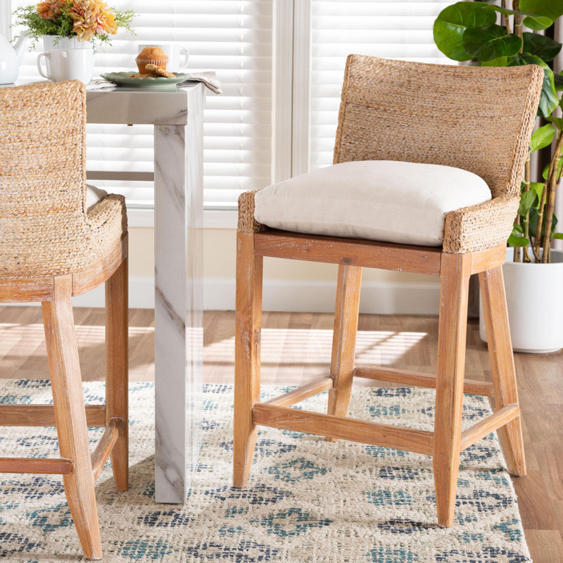 Bali & Pari Ridley Seagrass Counter Stool With Mahogany Wood Frame - Coastal Seating With Woven Square Back And Cushioned Seat For Kitchen Island Or Breakfast Bar, Whitewash