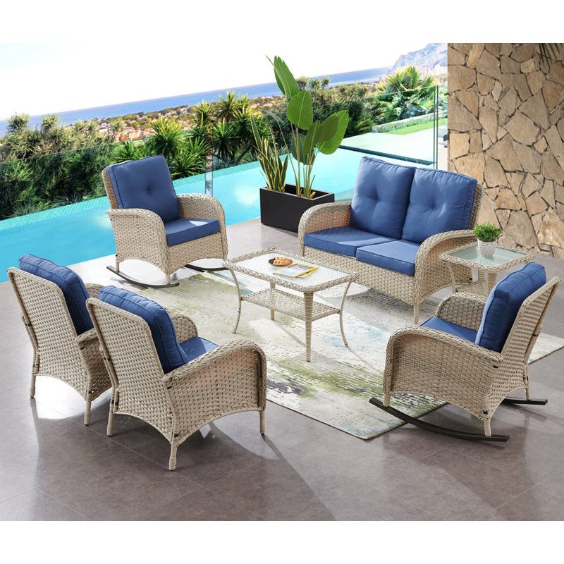 Wicker 6 - Person Patio Conversation Set with Cushions, Gray, Blue