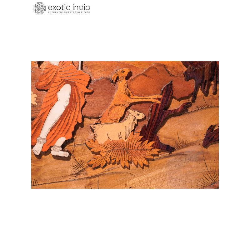 48" Shepherd Lady & Bullock Cart Mysore 3D Wood Inlay Wall Panel - Handcrafted Indian Rustic Folk Art for Living Room