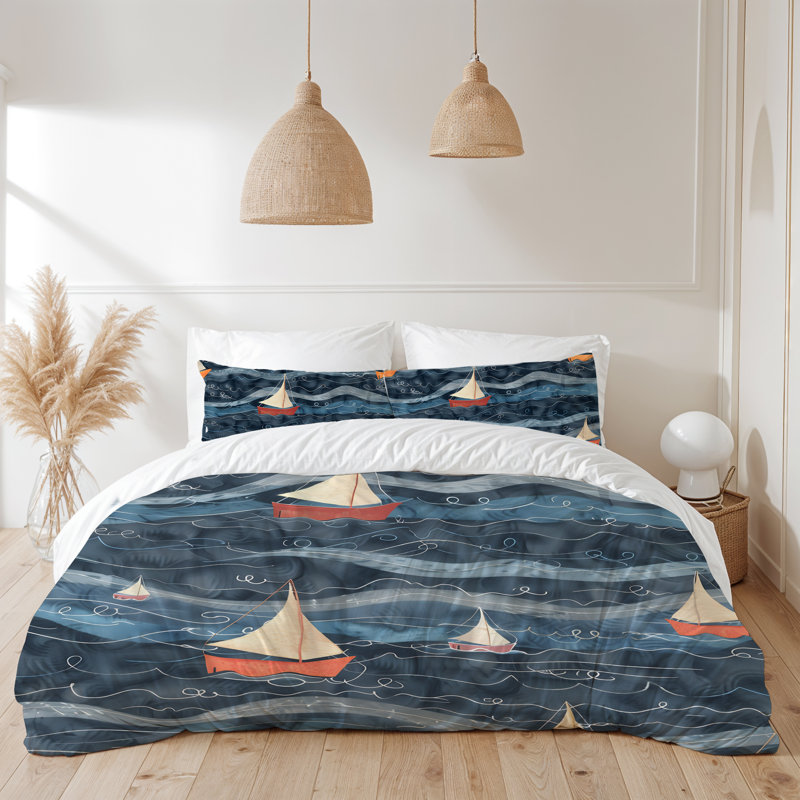 Blue Sailboat Nautical Comforter Set, King Comforter + 2 King Shams