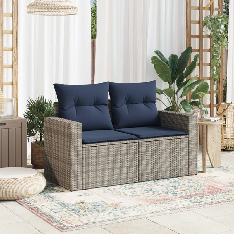 Canapé de patio en rotin noir 2 places Ebern Designs, Navy Blue