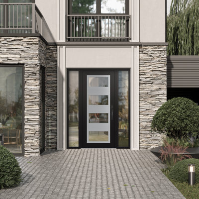 C2 Panel Silver Steel Black/Black With 2 Sidelites Prehung Front Entry Door