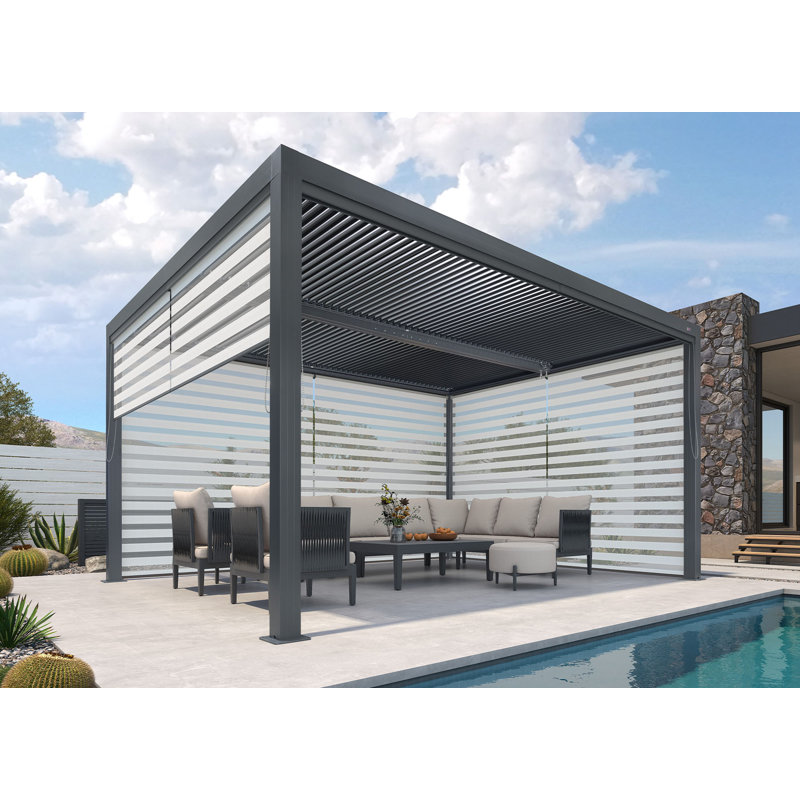 Aluminum Pergola with Roller Shade, 1 Long Side and 2 Short Side, 14' x 11', Gray