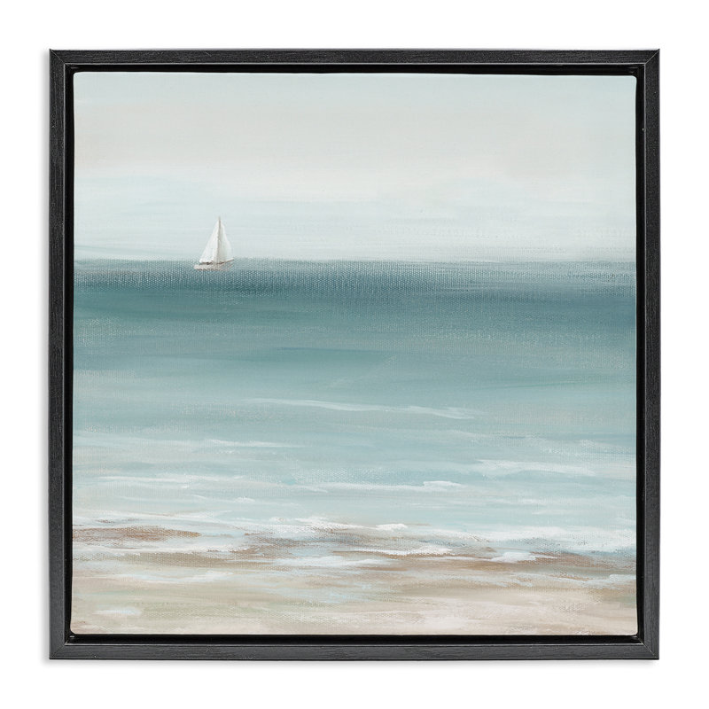 "Faraway Boat on Ocean", art mural sur toile flottante par Nan, H 25 po x l 25 po, Cadre flottant noir de jais