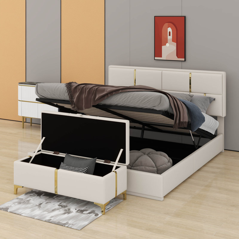 Grand lit plateforme tapissier 2 pièces avec système de rangement hydraulique, Beige