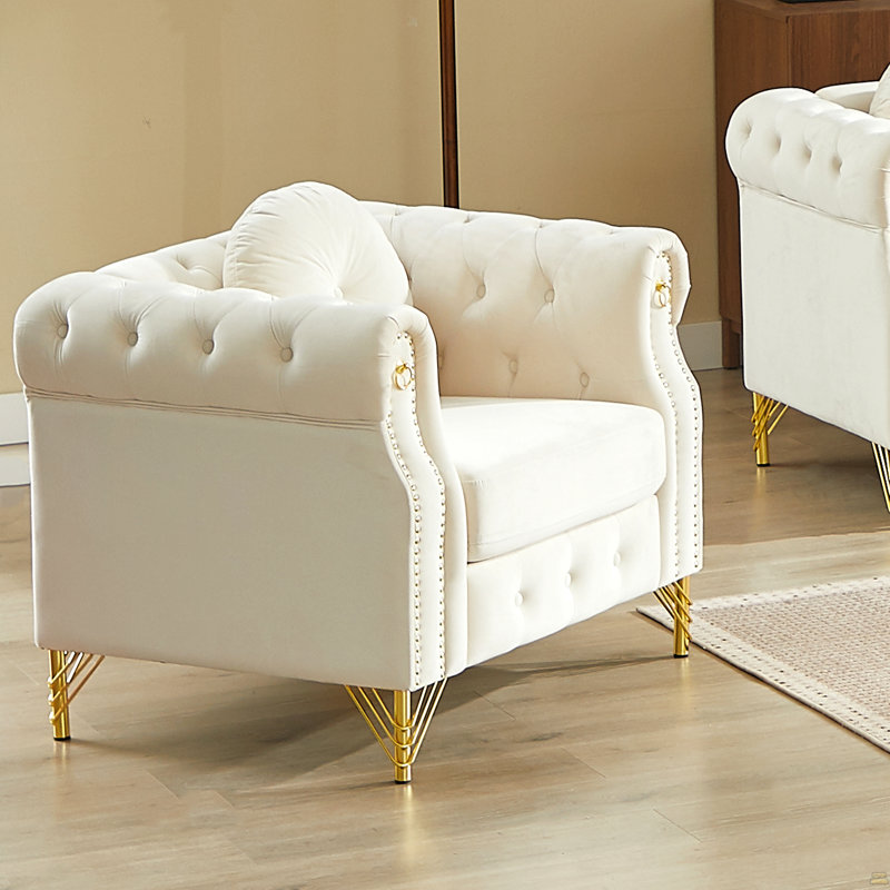 Canapé Chesterfield en velours avec coussins ronds, Beige