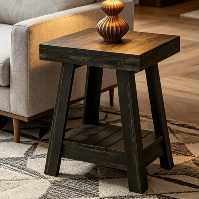 Wood 2-Tier End Table with Open Storage Shelf, Slim Sofa Side Table for Living Room – Black Finish
