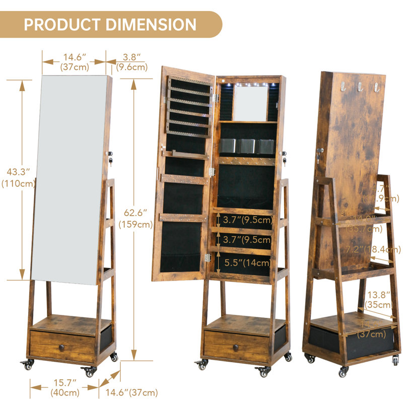 Armoire à bijoux avec miroir sur pied, miroir pleine grandeur avec rangement pour bijoux avec écran tactile et miroir de meuble-lavabo