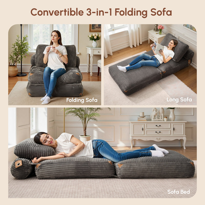 2-pack Corduroy Convertible Sofa Bed - Foldable Lazy Couch With Cushion For Living Room, Gray