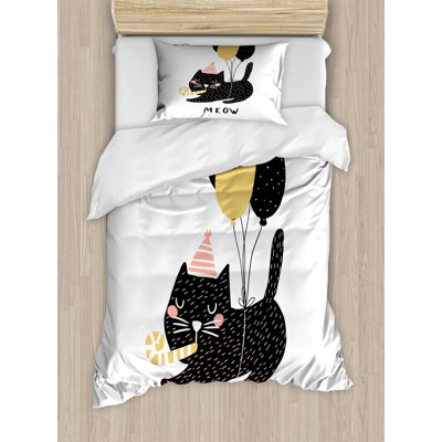 Ambesonne Cat Duvet Cover Set, Party Pet with Balloons, Twin, Pale Brown Pale Pink -  nev_61536_twin