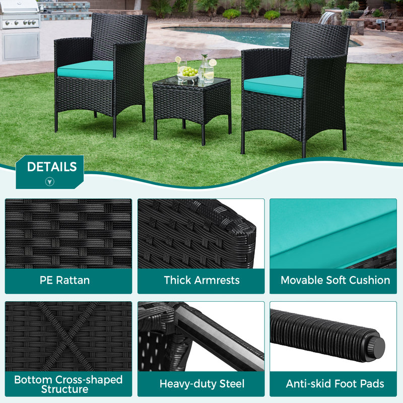 2-Person Rattan Furniture Set with Tempered-glass Top Table and 2 Cushioned Chairs, Black, Cyan