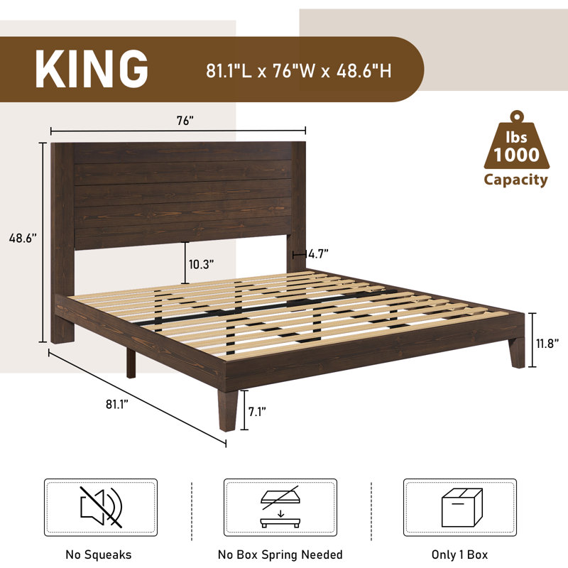 Dezera Solid Wood Platform Bed With 48.6'' Headboard, Brown, King