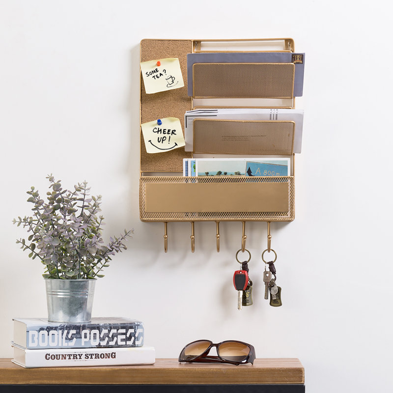 Wall Mail Organiser With Key Hooks, Wall Baskets and Mail Storage, Gold