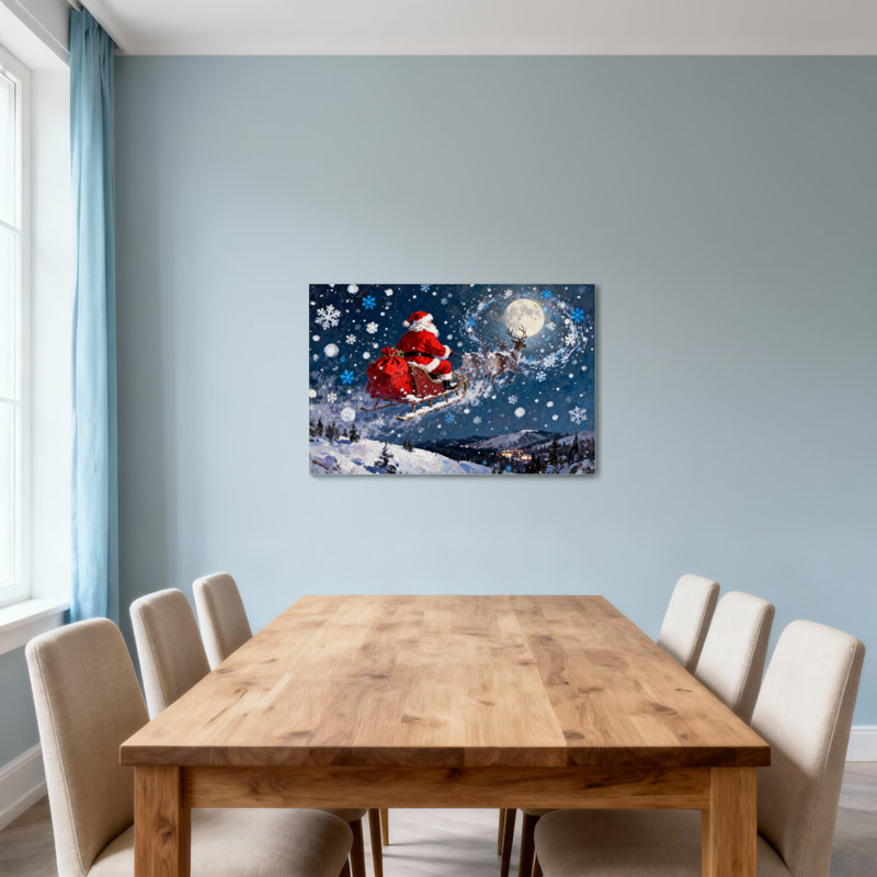 Noël, père Noël, traîneau volant, renne, lune de neige, paysage de nuit, H 20 po x l 30 po
