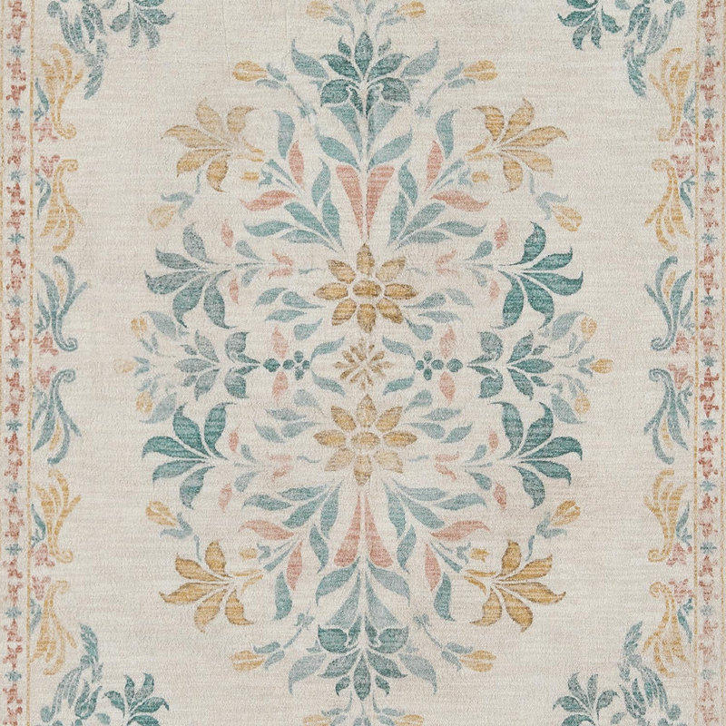 Vintage Floral Distressed Design Non-Slip Low-Pile Soft Thin Faux Wool Area Rug, Rectangle 4' x 6'