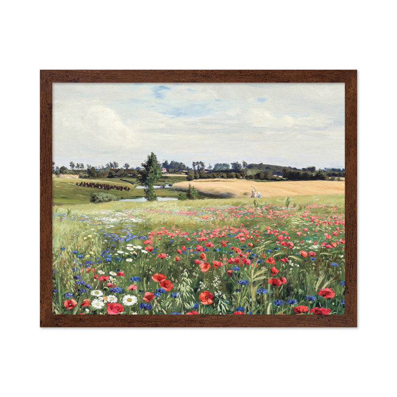 Champ avec coquelicots et marguerites, Affiche, H 11 po x l 14 po, Encadrement brun
