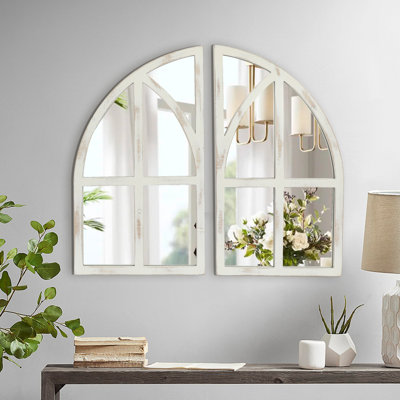 Arched Wood Framed Window Pane Wall Mirror