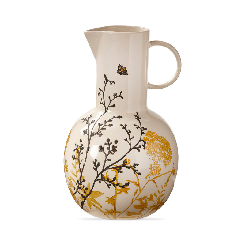 Large Hand Painted Floral Stoneware Pitcher