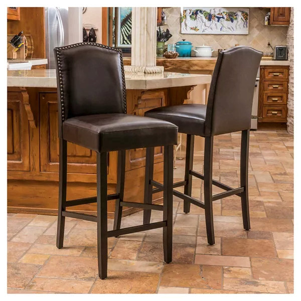 Barstools Set Of 2, Upholstered Bar Stools For Kitchen Island, Brown Rubberwood Legs Pu Faux Leather Seating 300Lbs Weight Capacity