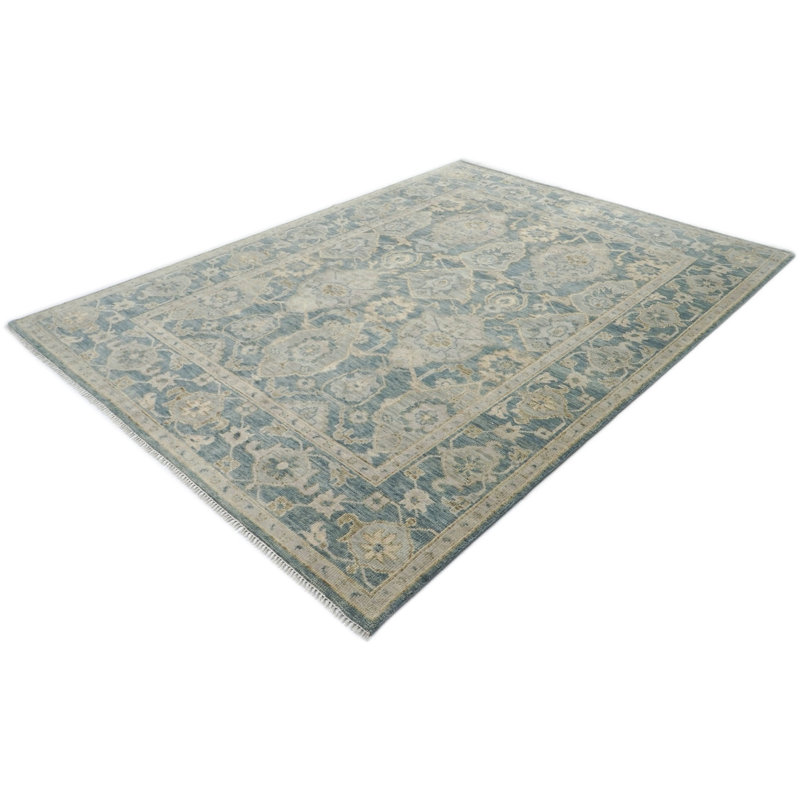 Tapis transitionnel bleu en laine noué à la main 9 x 12 pi 1 po Oushak