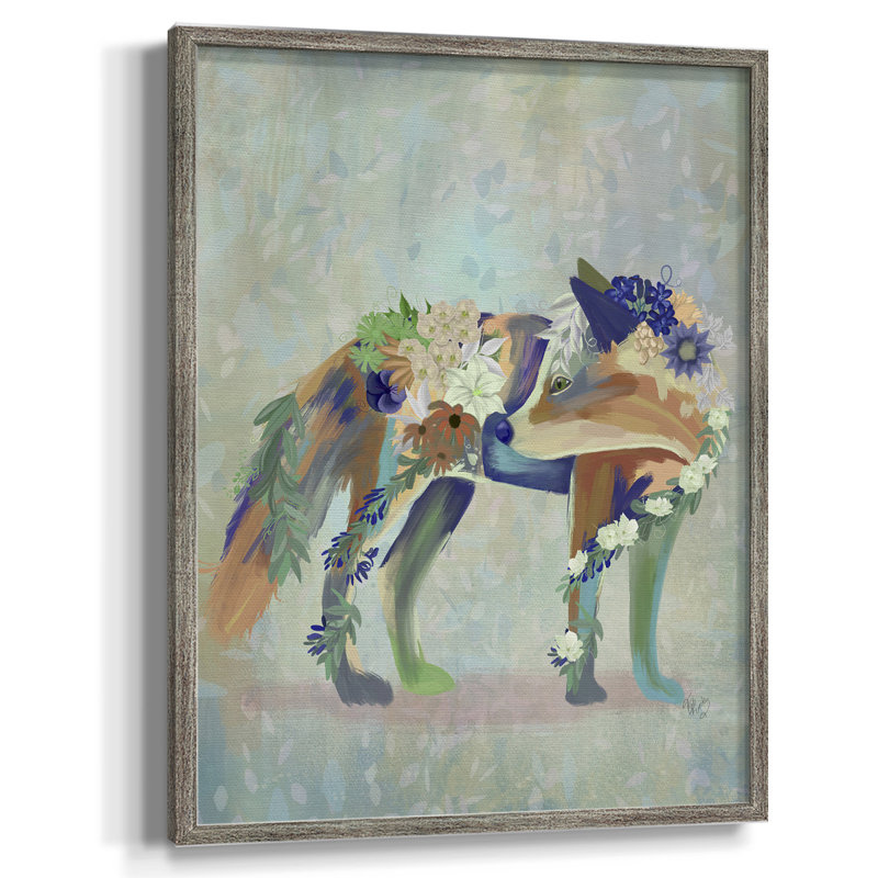 Fantastic Florals Fox, Standing Framed Print - Solid Wood, 30" H x 24" W