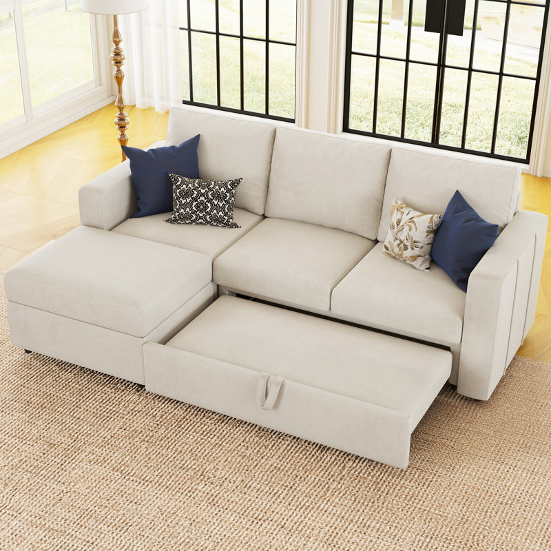 Canapé-lit modulaire en L avec rangement Rafael, Velours beige