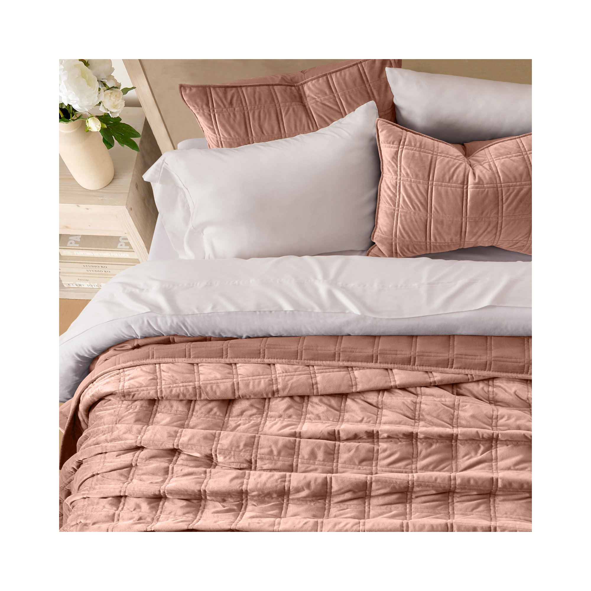 Double Box Stitch Velvet Quilt set, King Quilt + 2 King Shams, Clay