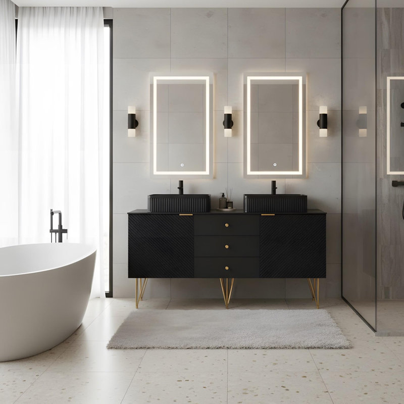 Meuble-lavabo 60 po avec 2 cuves rectangulaires noires Cermaic