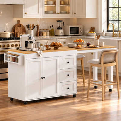 75'' Multi-Functional Kitchen Island with Drop Leaf Dining Table, Mobile Kitchen Storage Cart with Power Outlet, 3 Drawers, Cabinet  Spice Rack