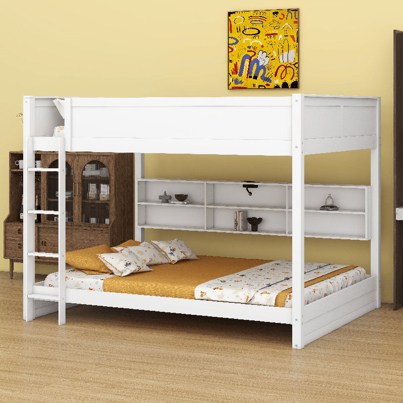 Queen Over Queen Bunk Bed With Storage Cabinets,USB Ports And Built-In Shelves, White