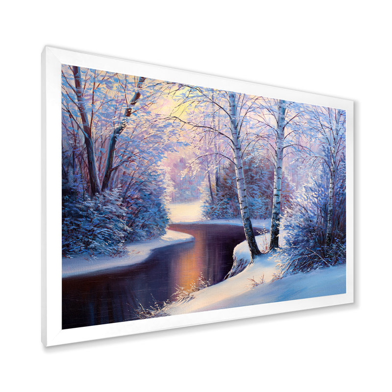 Forêt de Noël avec rivière et arbres I - peinture sur toile, H 30 po x l 40 po x 1,5 po, Cadre photo blanc