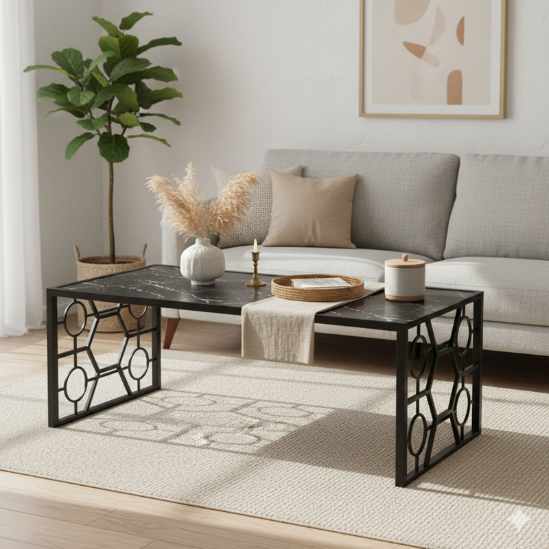 Ensemble de 3 tables d'appoint modernes comprenant une table basse et deux tables de bout. Comprend des dessus en verre trempé à imprimé marbre, en noir.