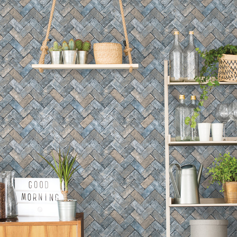 Fereol Herringbone Brick 10m X 53cm Wallpaper Roll, Blue/Taupe
