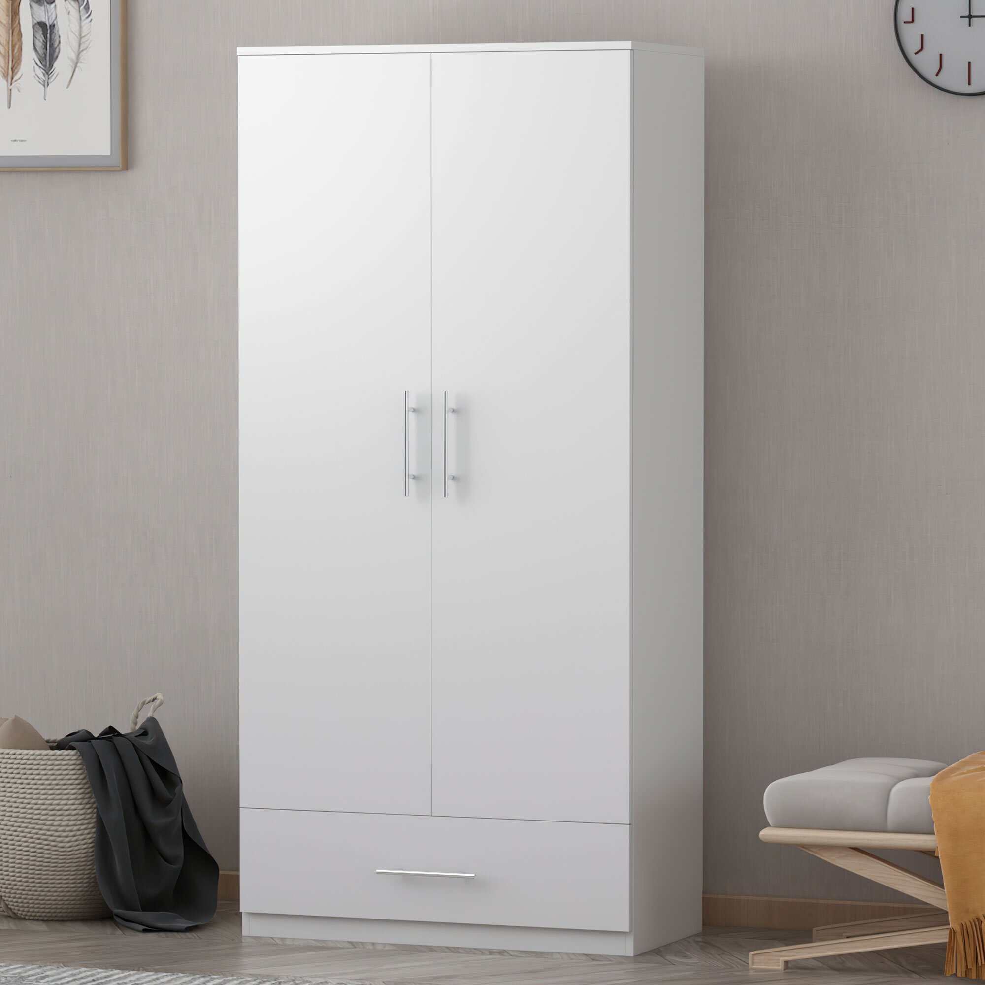 Wardrobe Armoire Clothes Storage Organizer Bedroom Closet Rack Metal Latitude Run Color: White