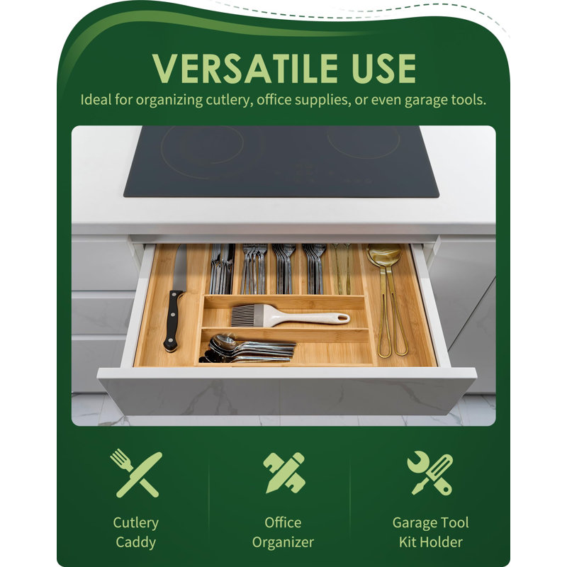 Natural Bamboo Adjustable Expandable Kitchen Drawer Organizer