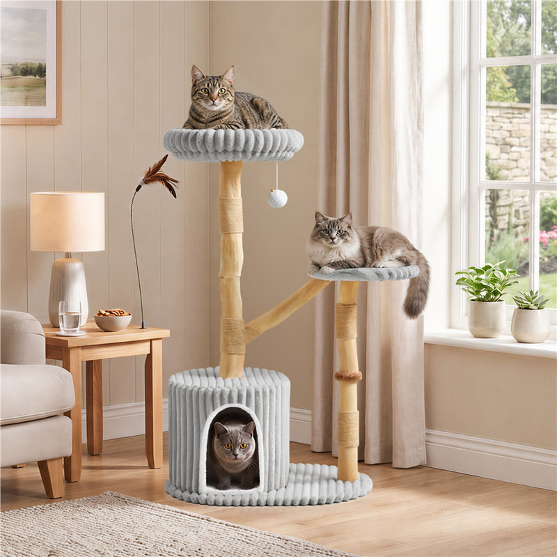 Arbre à chat de 104 cm avec poteaux en bois de poirier et surface à griffer en jute