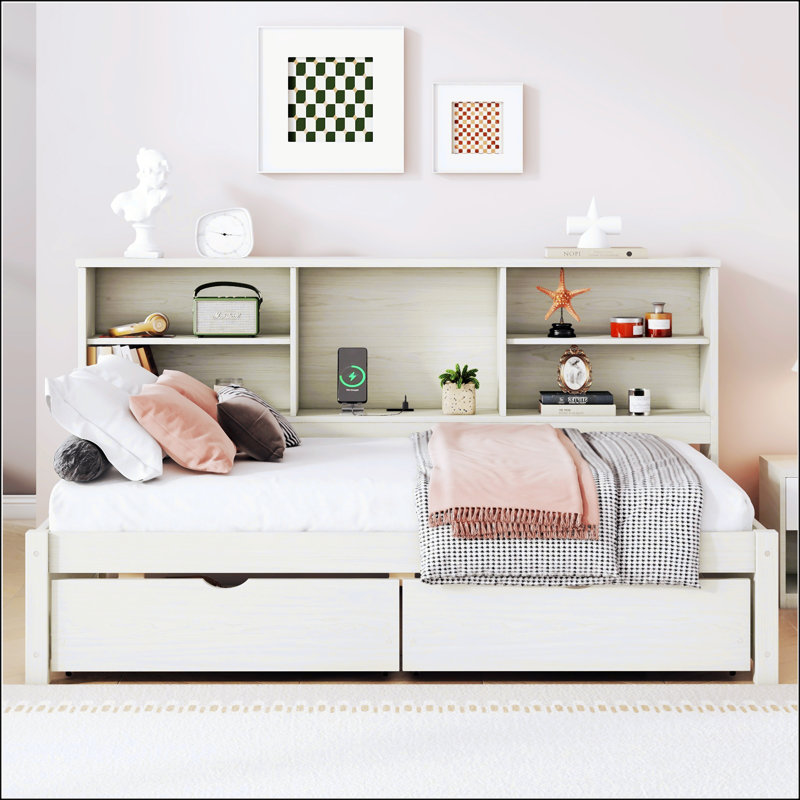Twin Size Bed Frame With Side Bookshelves And Drawers,USB Port, Creamy White