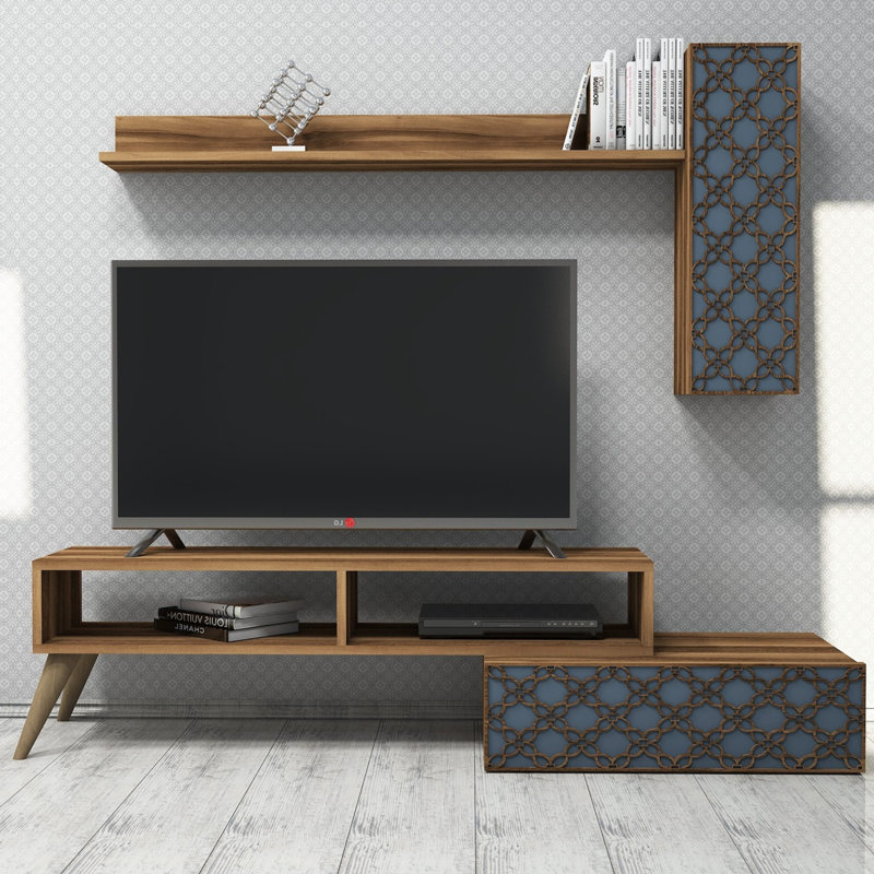 Modern TV Unit with Wall Shelf & Cabinet, Walnut & Chalcedony Finish, 59.1 x 14.9 x 14.6 inches | 100% Melamine Coated Particle Board, Thick: 0.7 inches | Features Multiple Shelves, Stylish & Functional Design, Easy Wall Mount